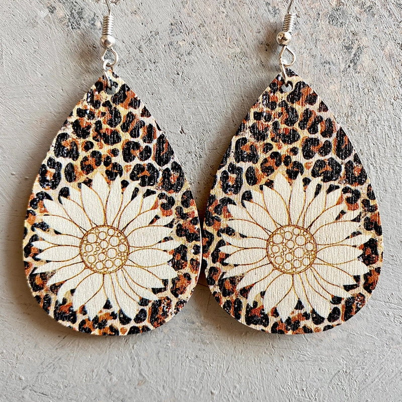 Wholesale 2PCS Leopard Print Sunflower Drop Shape Wooden Earrings