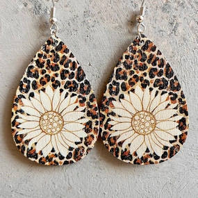 Wholesale 2PCS Leopard Print Sunflower Drop Shape Wooden Earrings