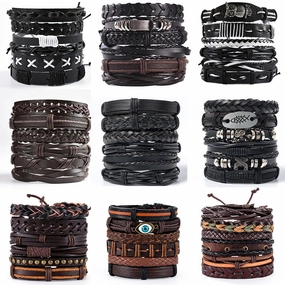 Wholesale 3PCS Vintage Men's Leather Suit Multi-layer Bracelet