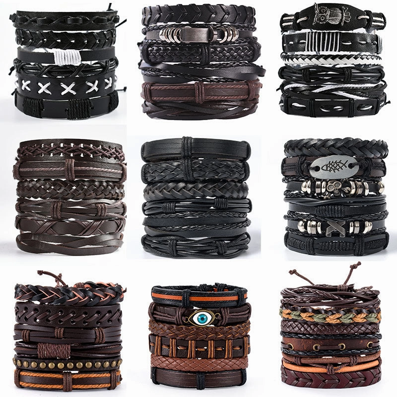 Wholesale 3PCS Vintage Men's Leather Suit Multi-layer Bracelet