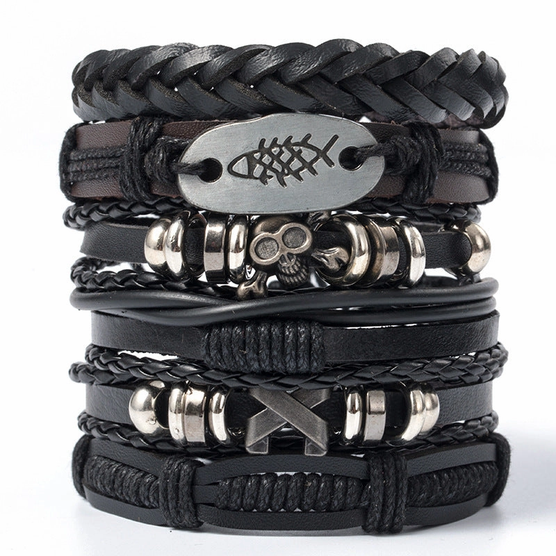 Wholesale 3PCS Vintage Men's Leather Suit Multi-layer Bracelet