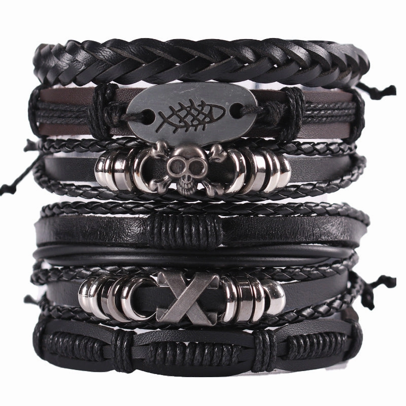 Wholesale 3PCS Vintage Men's Leather Suit Multi-layer Bracelet