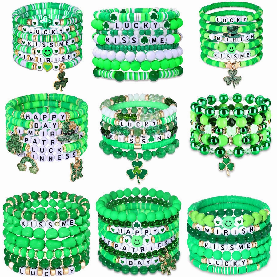 Wholesale 50PCS  St. Patrick's Day Shamrock Pendant Polymer Clay Resin Bracelet Set