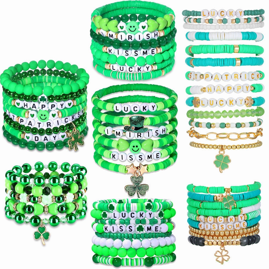 Wholesale 50PCS  St. Patrick's Day Shamrock Pendant Polymer Clay Resin Bracelet Set