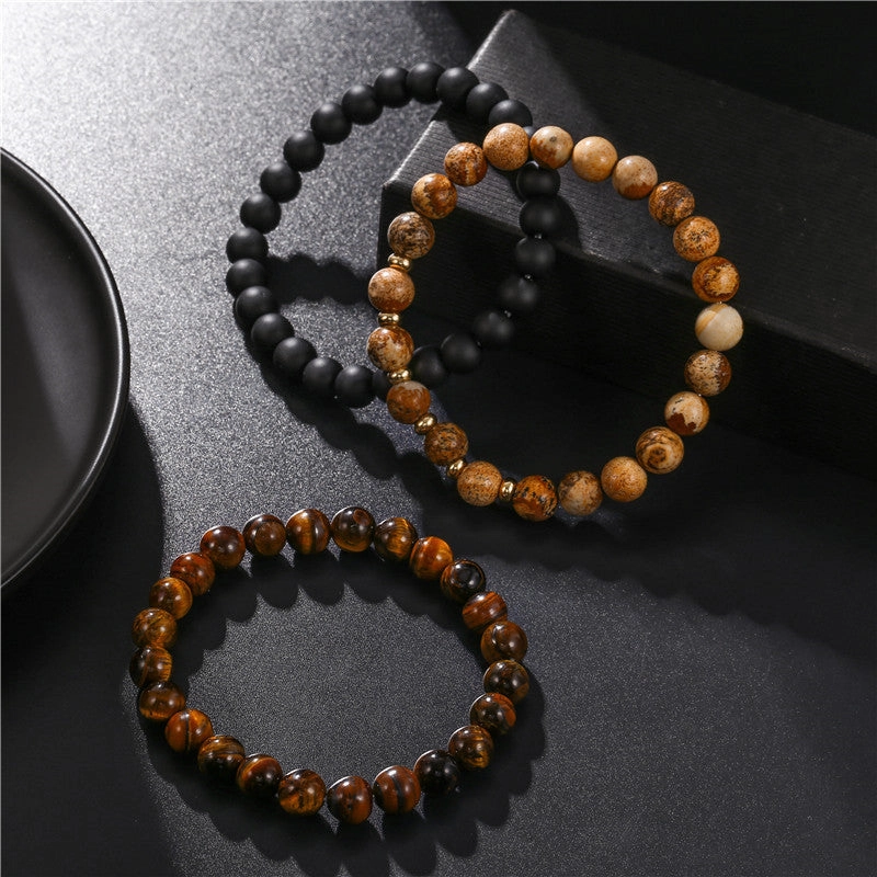 Wholesale 8mm Black Frosted Tiger Eye Picture Stone Stacking Bracelet Set