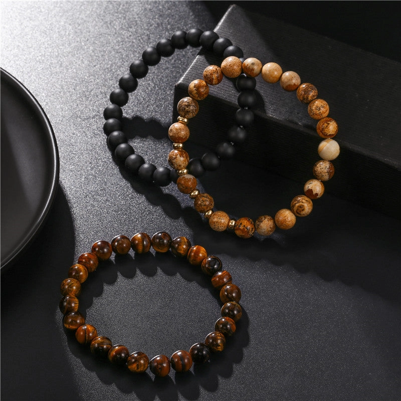 Wholesale 8mm Black Frosted Tiger Eye Picture Stone Stacking Bracelet Set