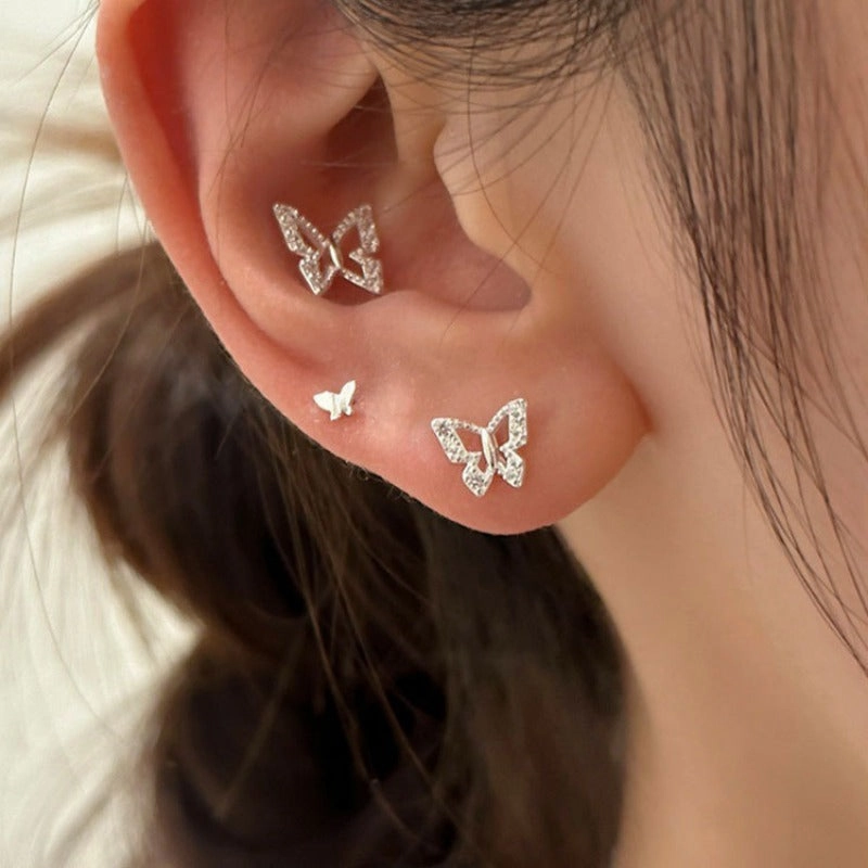 Wholesale 925 Sterling Silver Hollow Sparkling Diamond Butterfly Earrings