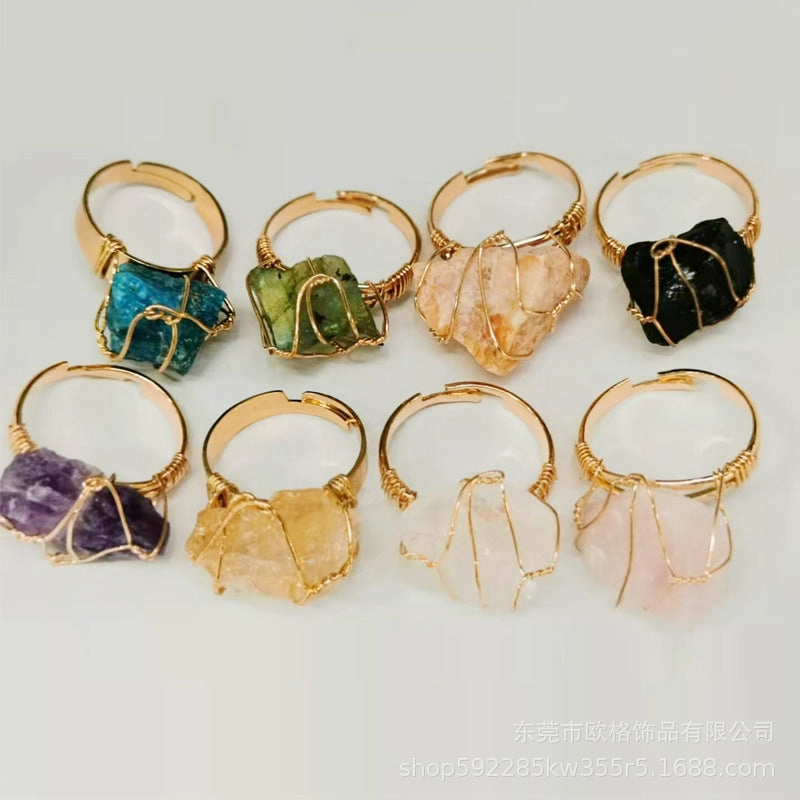 Wholesale Adjustable Irregular Natural Agate Handmade Wire Wound Ring