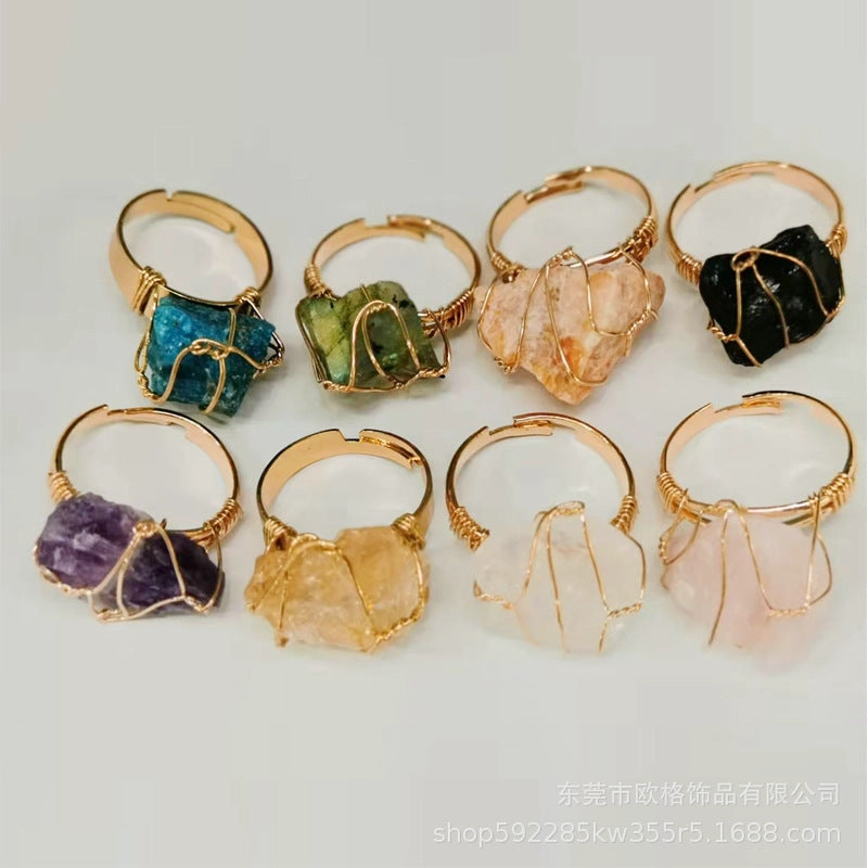 Wholesale Adjustable Irregular Natural Agate Handmade Wire Wound Ring