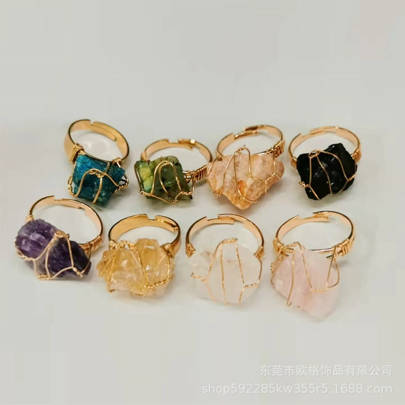 Wholesale Adjustable Irregular Natural Agate Handmade Wire Wound Ring