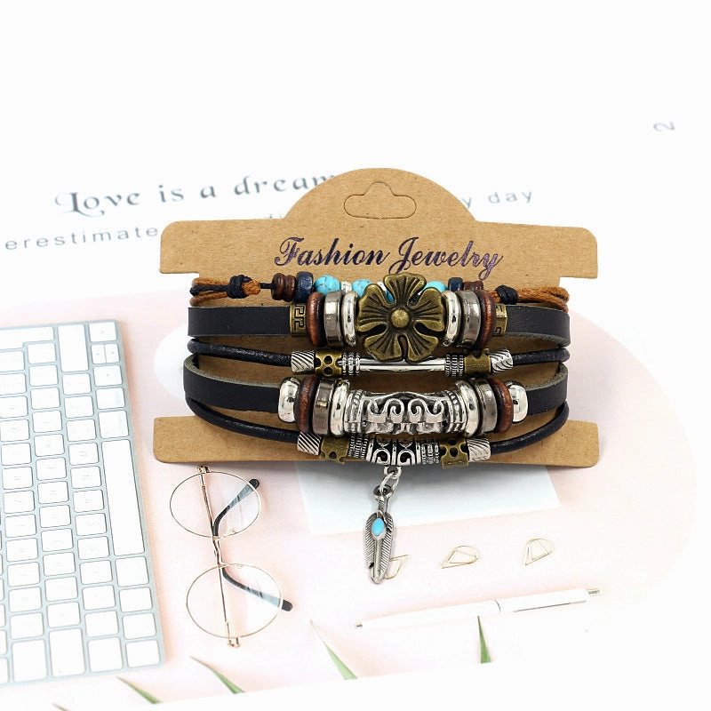 Wholesale alloy anchor cowhide bracelet turquoise beaded multi-layer braided bracelet