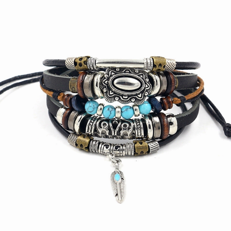 Wholesale alloy anchor cowhide bracelet turquoise beaded multi-layer braided bracelet