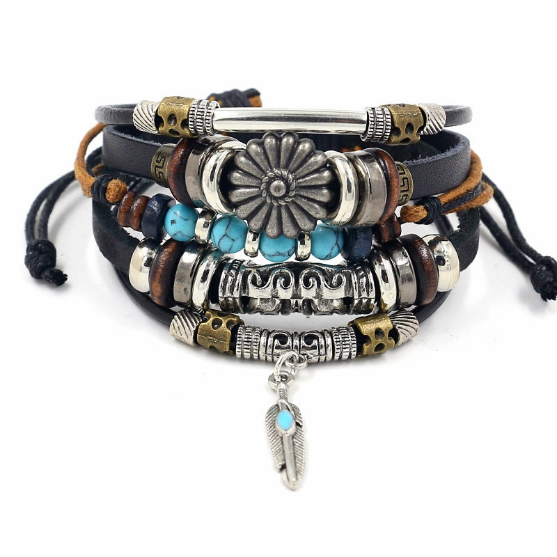 Wholesale alloy anchor cowhide bracelet turquoise beaded multi-layer braided bracelet