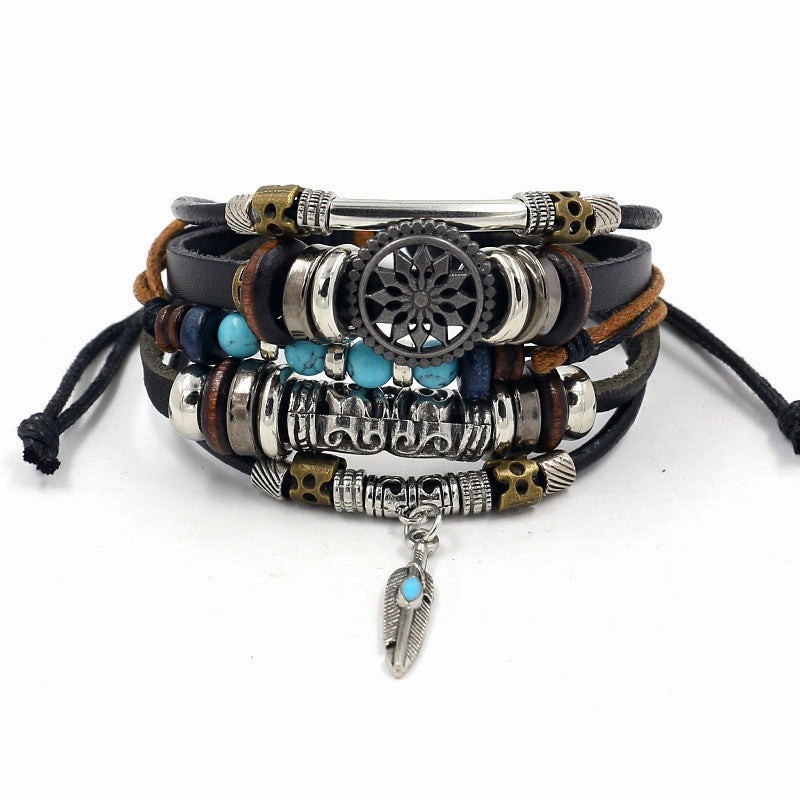 Wholesale alloy anchor cowhide bracelet turquoise beaded multi-layer braided bracelet