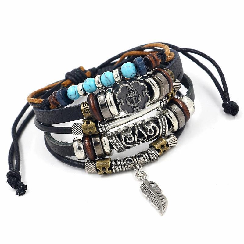 Wholesale alloy anchor cowhide bracelet turquoise beaded multi-layer braided bracelet