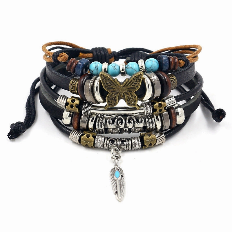 Wholesale alloy anchor cowhide bracelet turquoise beaded multi-layer braided bracelet
