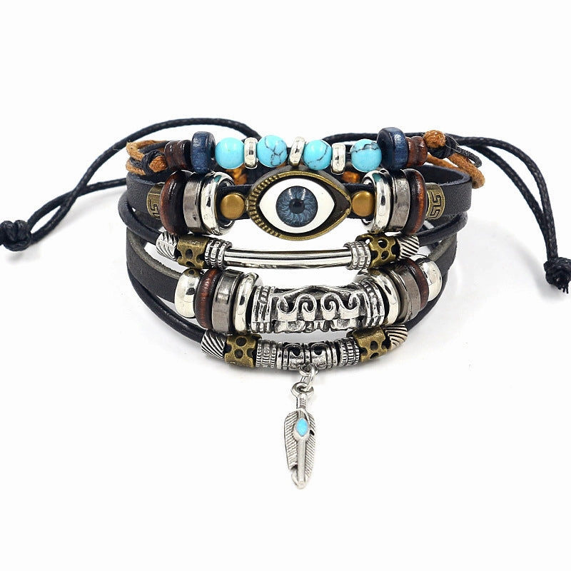 Wholesale alloy anchor cowhide bracelet turquoise beaded multi-layer braided bracelet