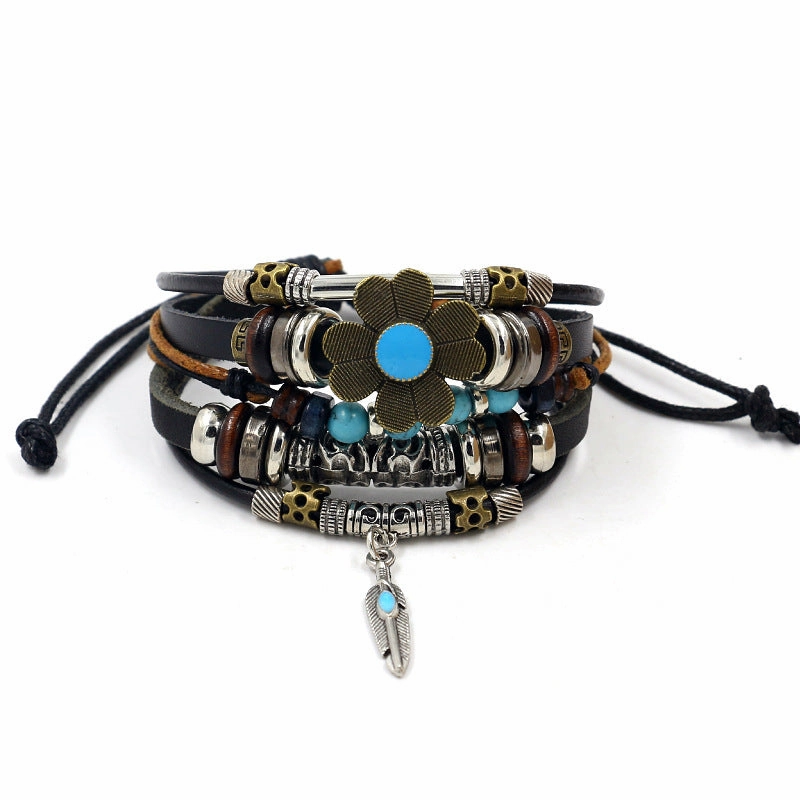 Wholesale alloy anchor cowhide bracelet turquoise beaded multi-layer braided bracelet