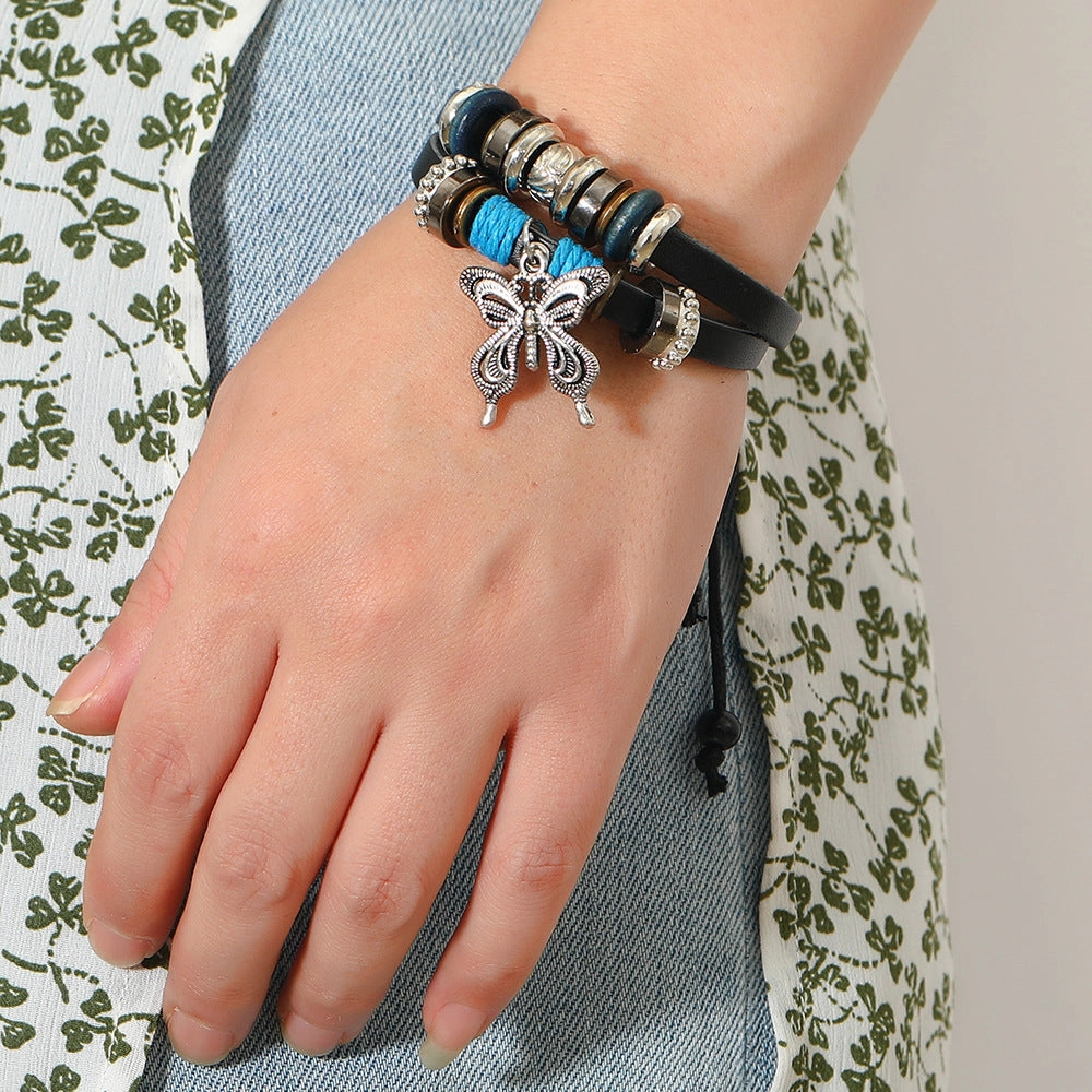 Wholesale Alloy Butterfly Pendant Woven Cowhide Bracelet