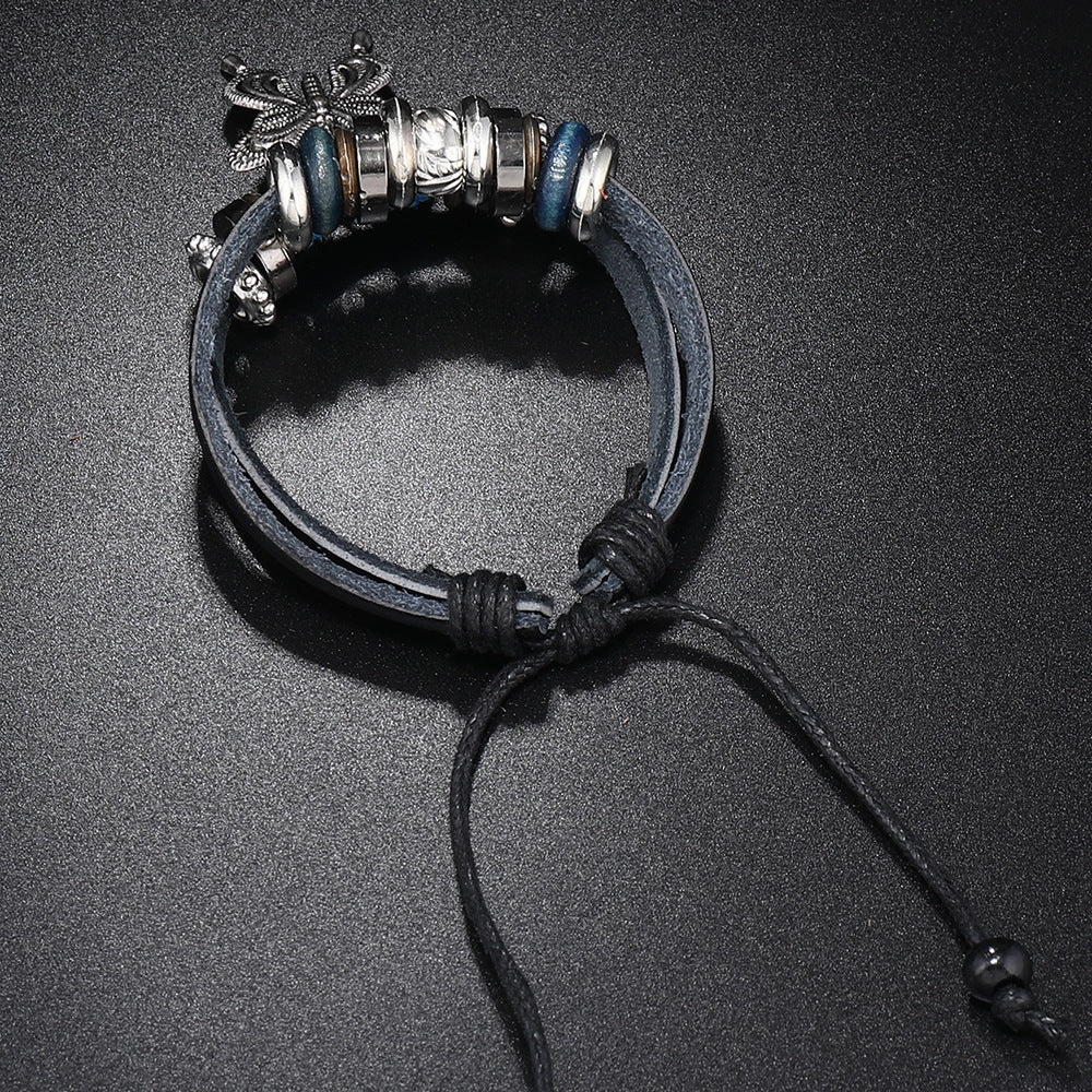 Wholesale Alloy Butterfly Pendant Woven Cowhide Bracelet