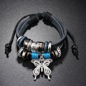 Wholesale Alloy Butterfly Pendant Woven Cowhide Bracelet