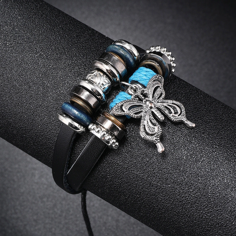 Wholesale Alloy Butterfly Pendant Woven Cowhide Bracelet