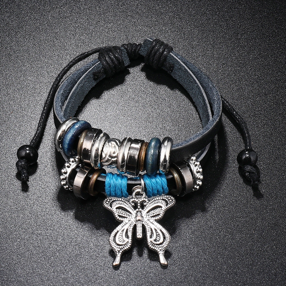 Wholesale Alloy Butterfly Pendant Woven Cowhide Bracelet