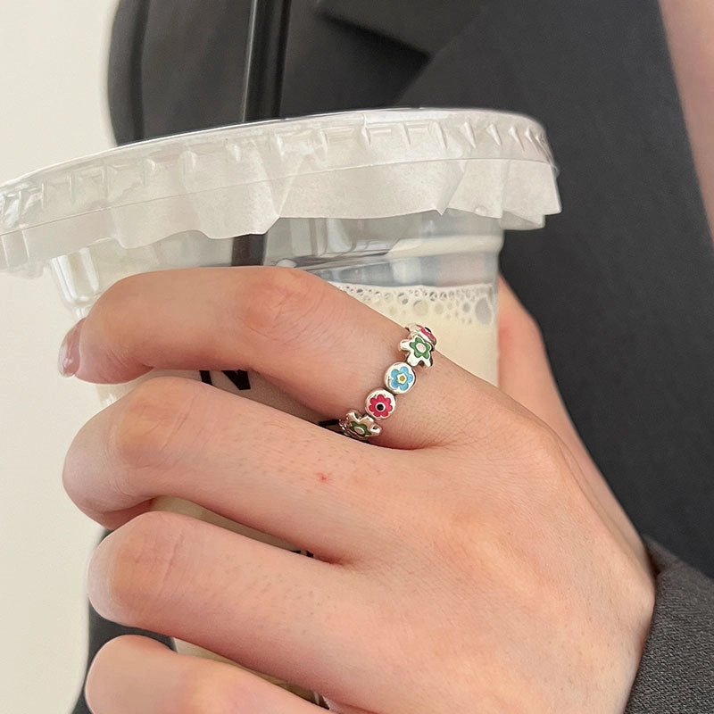 Wholesale Alloy Color Drop Oil Small Flower Opening Adjustable Ring