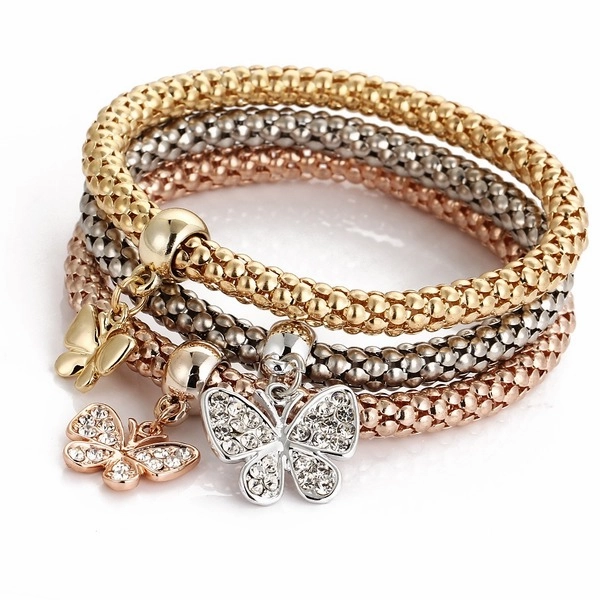 Wholesale Alloy Diamond Butterfly Tricolor Bracelet