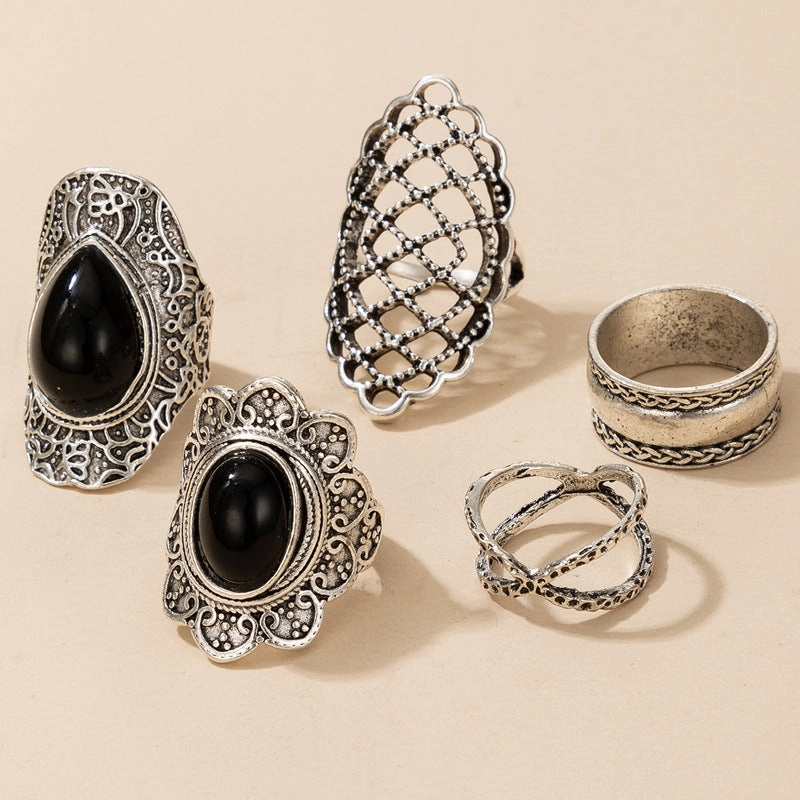 Wholesale Alloy Exaggerated Black Gemstone 5 Pieces Ring Set