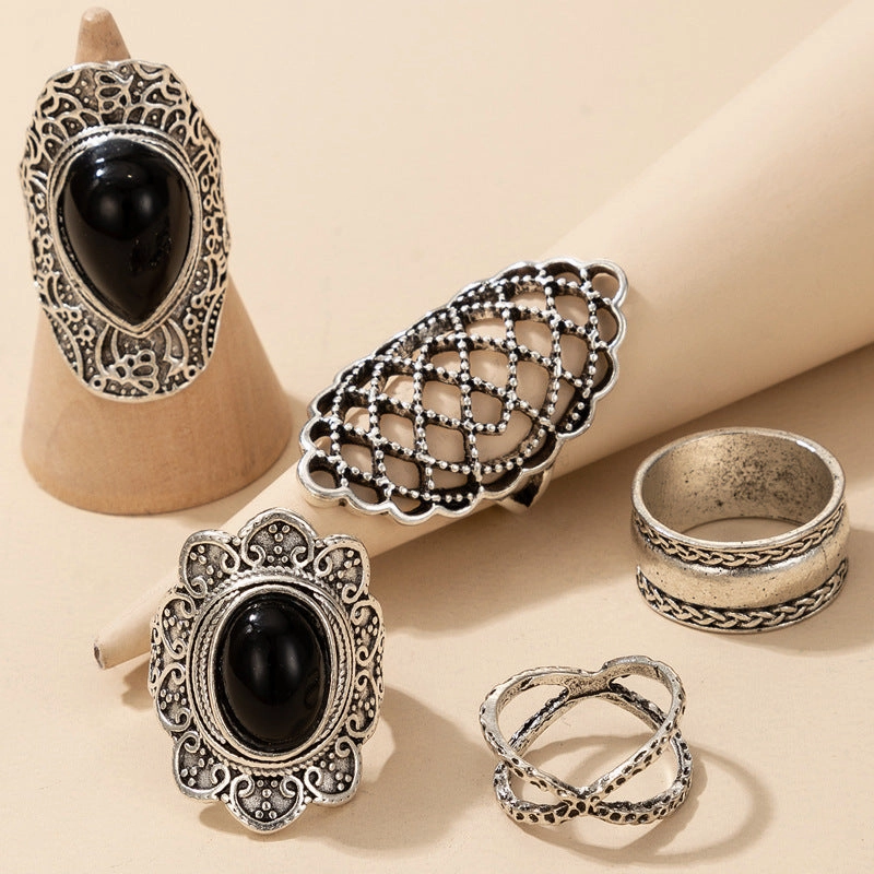 Wholesale Alloy Exaggerated Black Gemstone 5 Pieces Ring Set