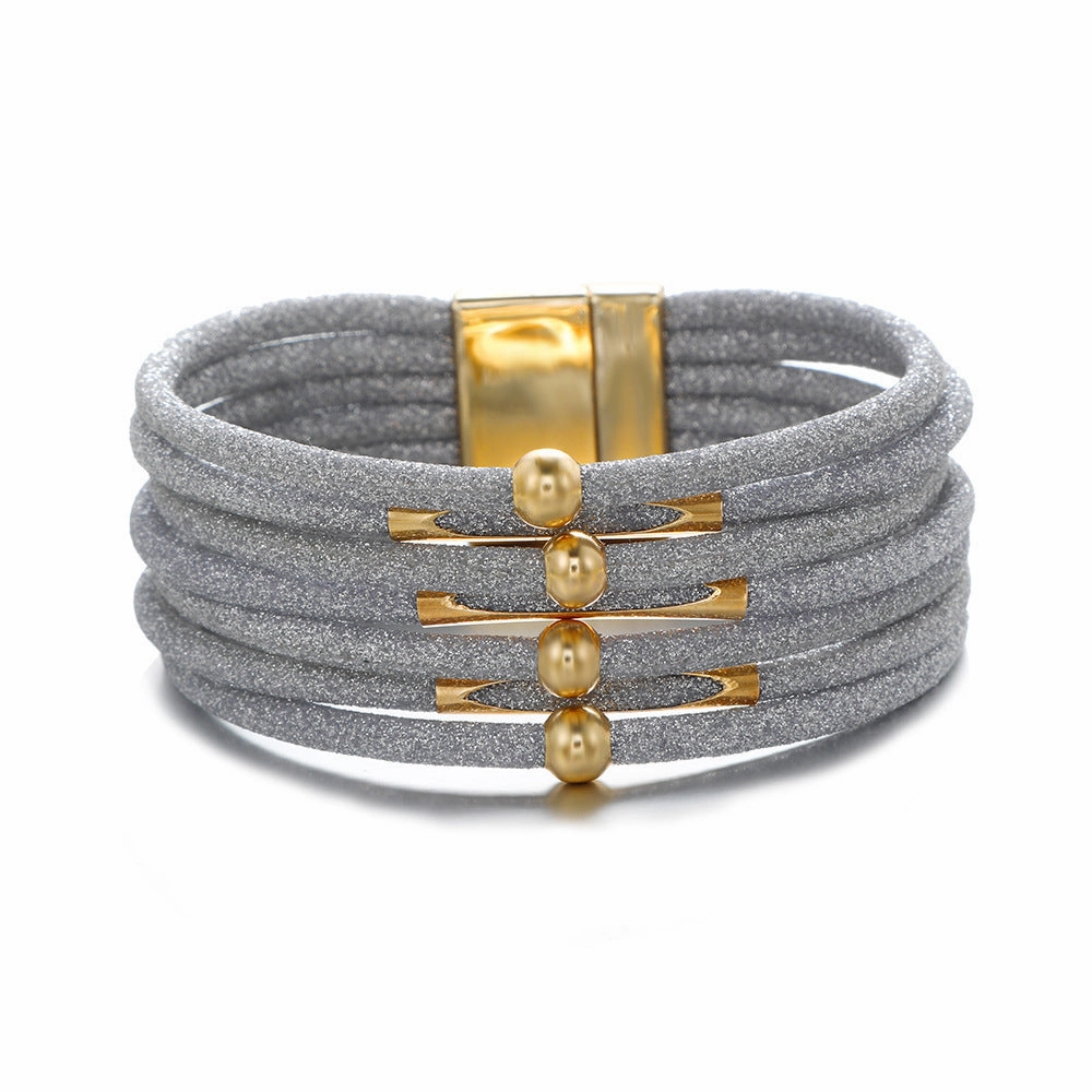 Wholesale Alloy Glitter Magnet Buckle Leather Beaded Leather Rope Copper Tube Bracelet