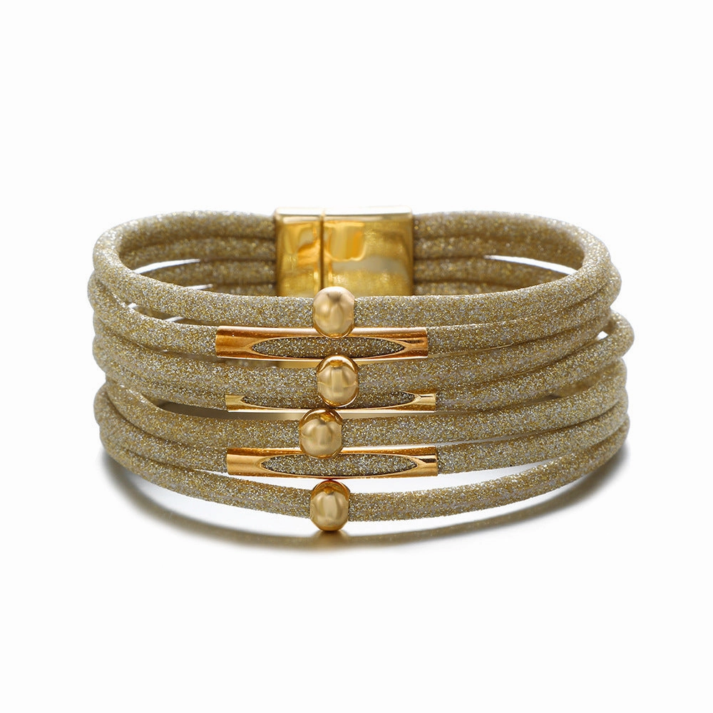 Wholesale Alloy Glitter Magnet Buckle Leather Beaded Leather Rope Copper Tube Bracelet