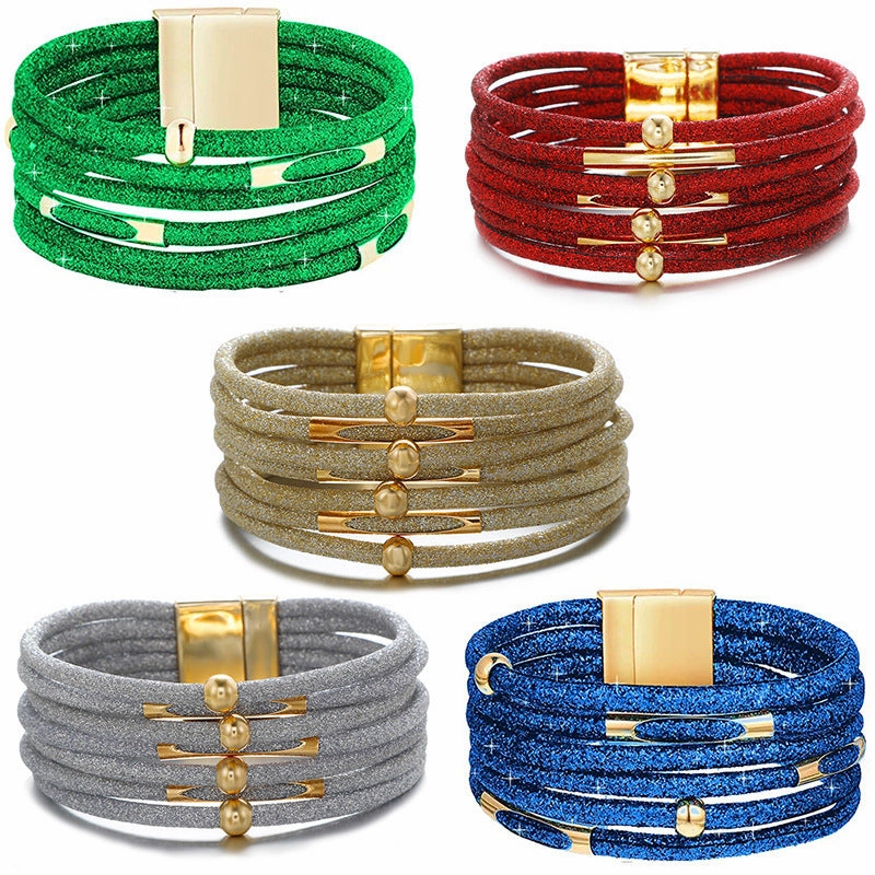 Wholesale Alloy Glitter Magnet Buckle Leather Beaded Leather Rope Copper Tube Bracelet