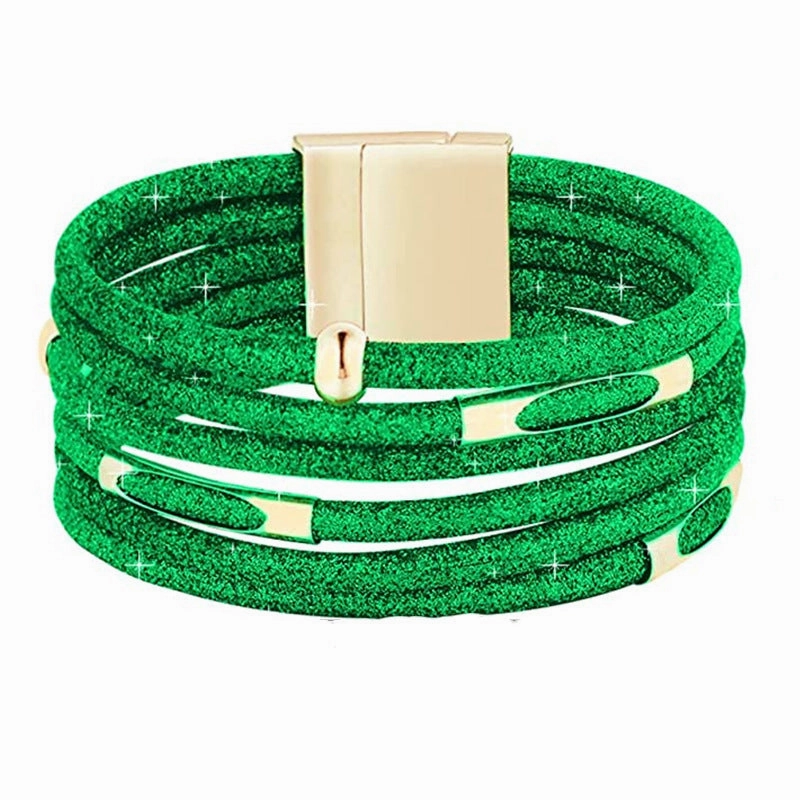 Wholesale Alloy Glitter Magnet Buckle Leather Beaded Leather Rope Copper Tube Bracelet