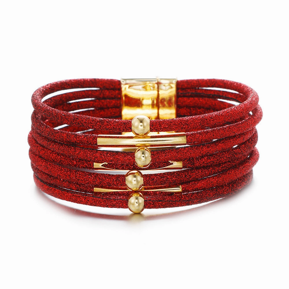 Wholesale Alloy Glitter Magnet Buckle Leather Beaded Leather Rope Copper Tube Bracelet