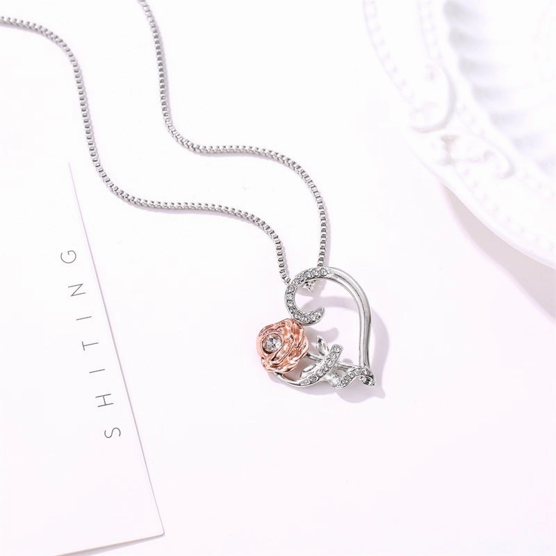Wholesale Alloy Heart Rose Zircon Necklace