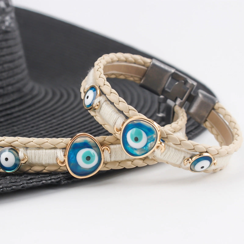 Wholesale Alloy leather multi-layer braided Turkish style blue eye bracelet
