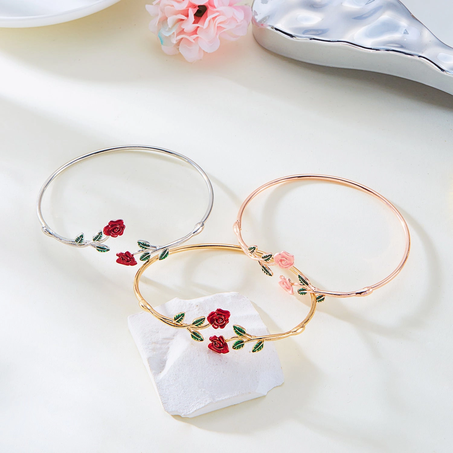 Wholesale Alloy Oil Drop Rose Open Bracelet Ring Set