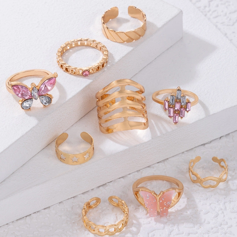 Wholesale Alloy Pink Butterfly Diamond Heart Hollow Nine Pieces Ring Set