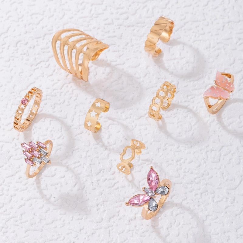 Wholesale Alloy Pink Butterfly Diamond Heart Hollow Nine Pieces Ring Set