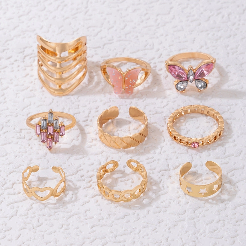 Wholesale Alloy Pink Butterfly Diamond Heart Hollow Nine Pieces Ring Set