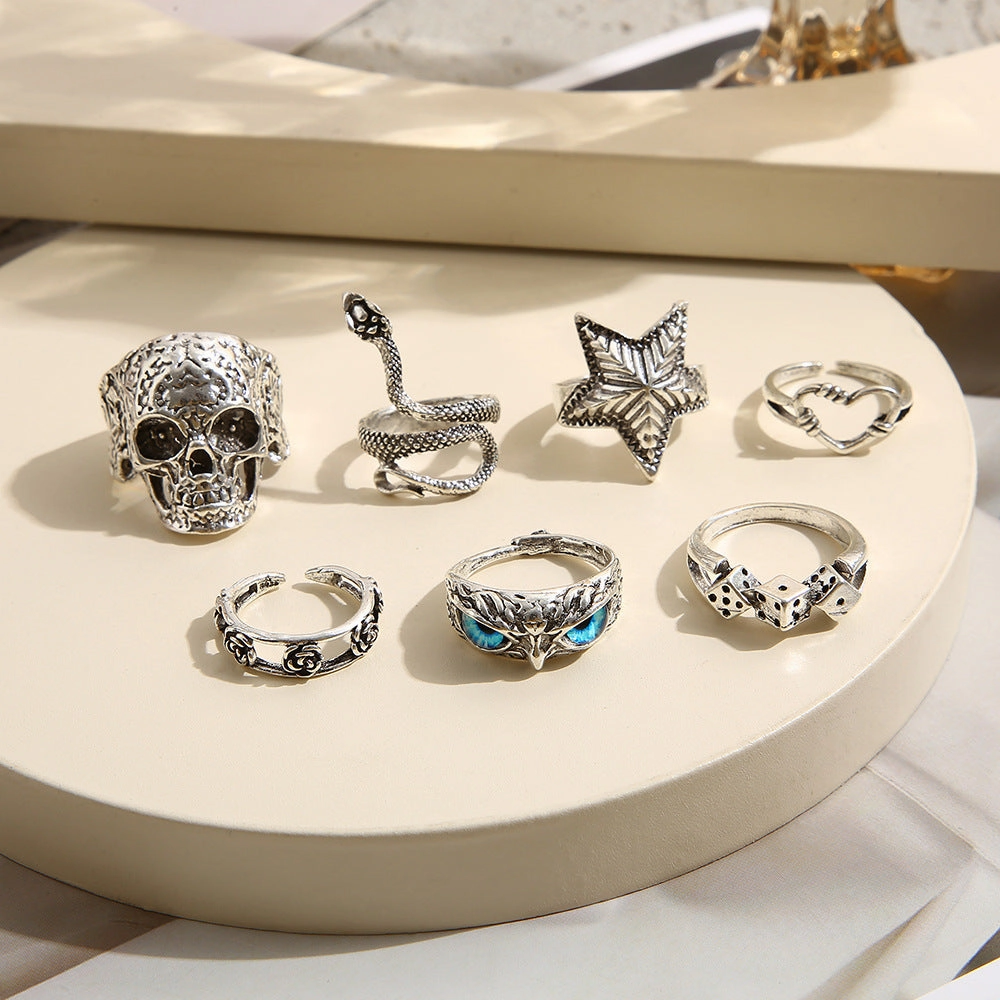 Wholesale Alloy Skull Snake Men Ring Set of 7