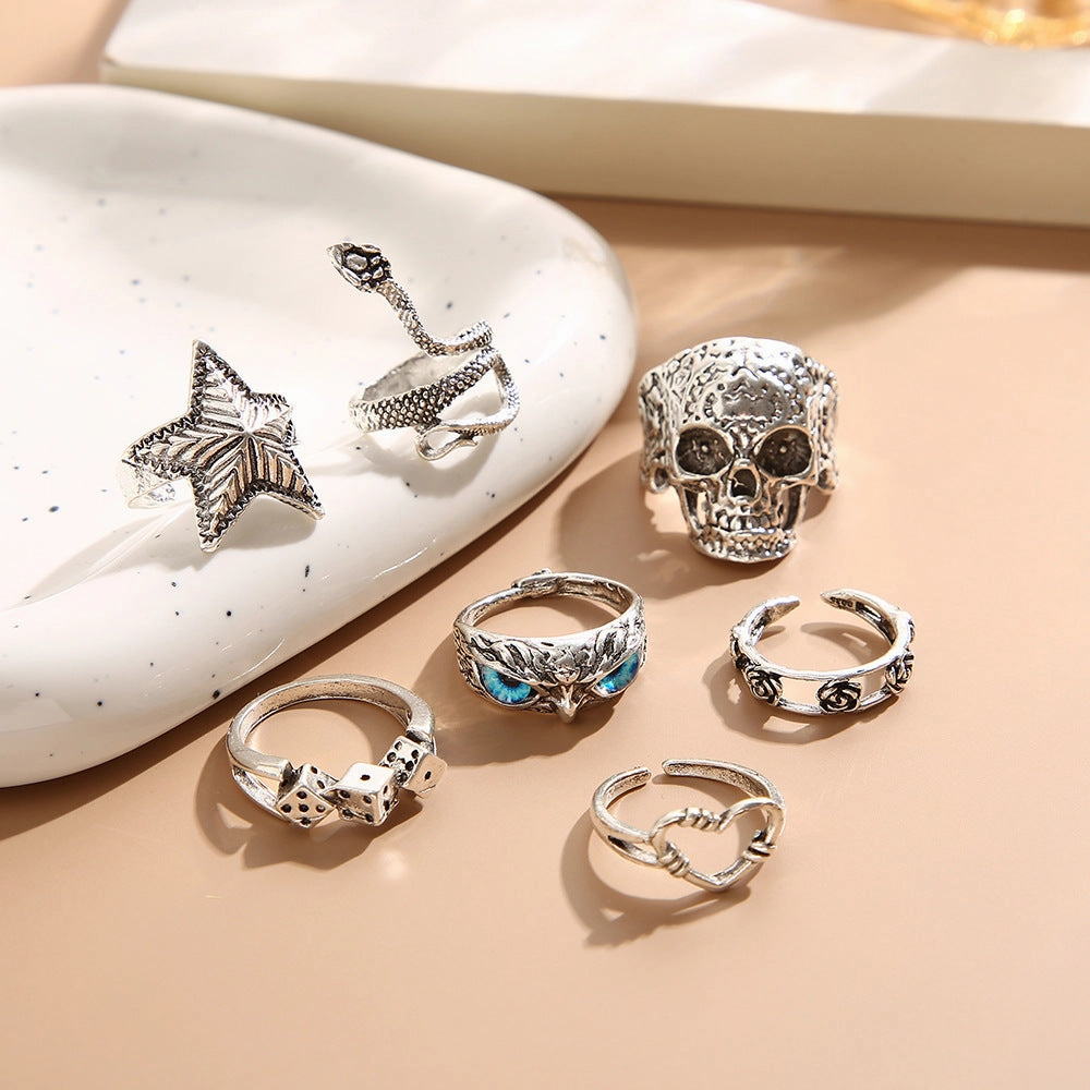 Wholesale Alloy Skull Snake Men Ring Set of 7