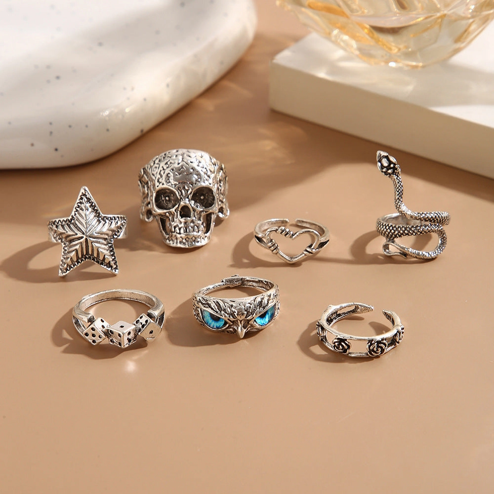 Wholesale Alloy Skull Snake Men Ring Set of 7