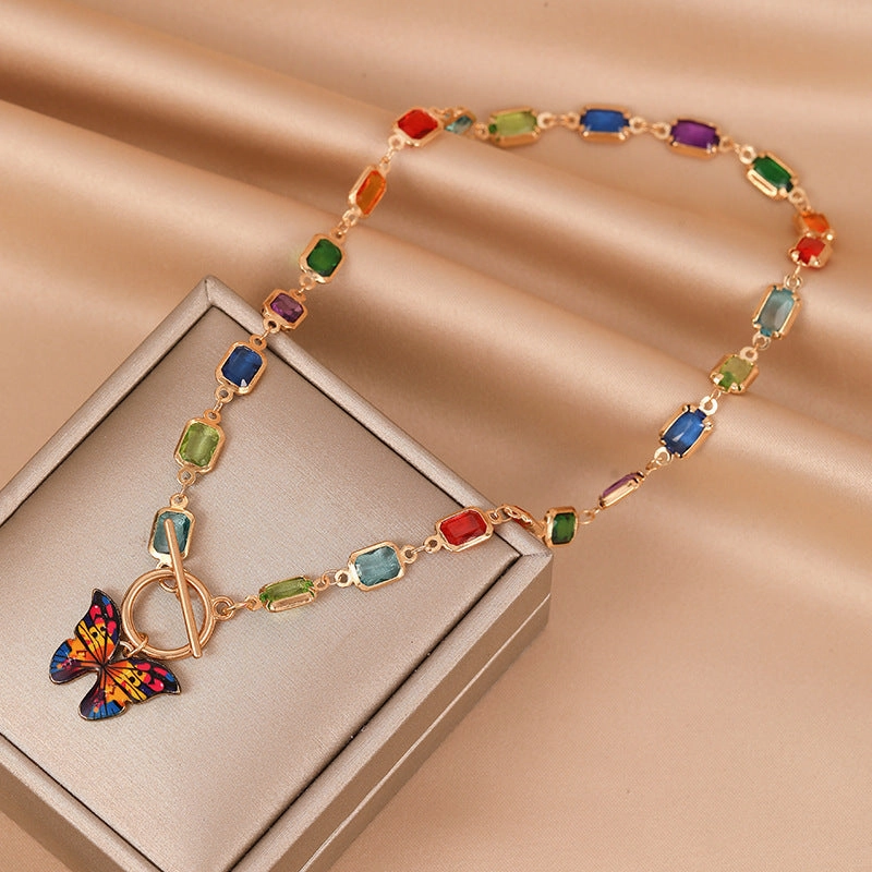 Wholesale Alloy Square Crystal Colorful Diamond Butterfly Necklace