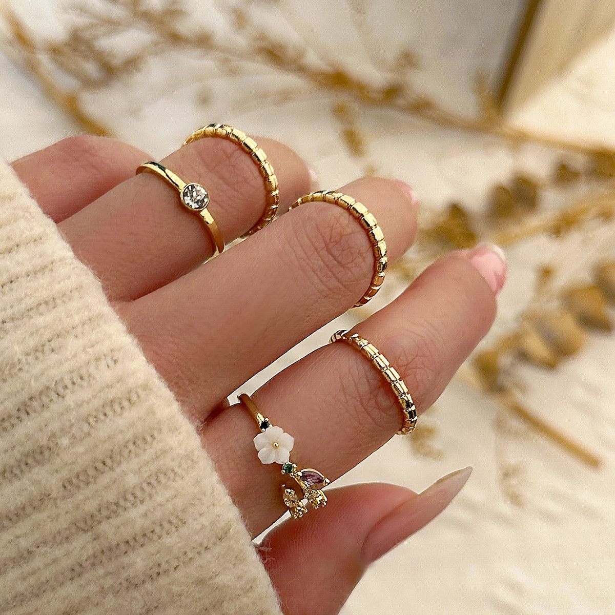 Wholesale Alloy Stacked Micro-inlaid Star and Moon Ring