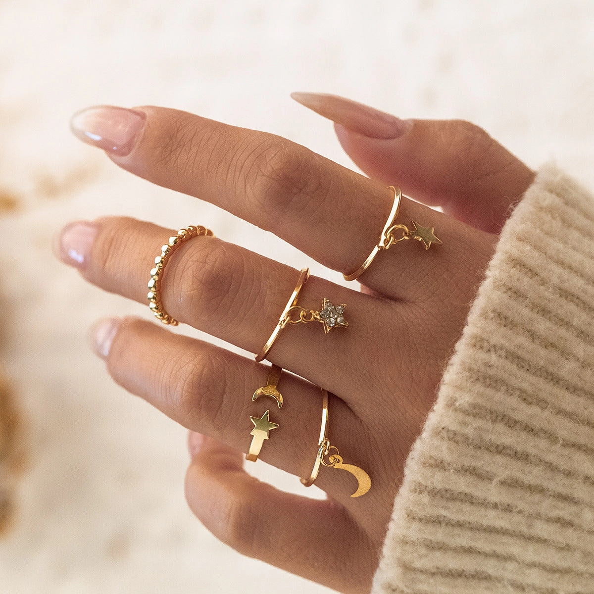 Wholesale Alloy Stacked Micro-inlaid Star and Moon Ring