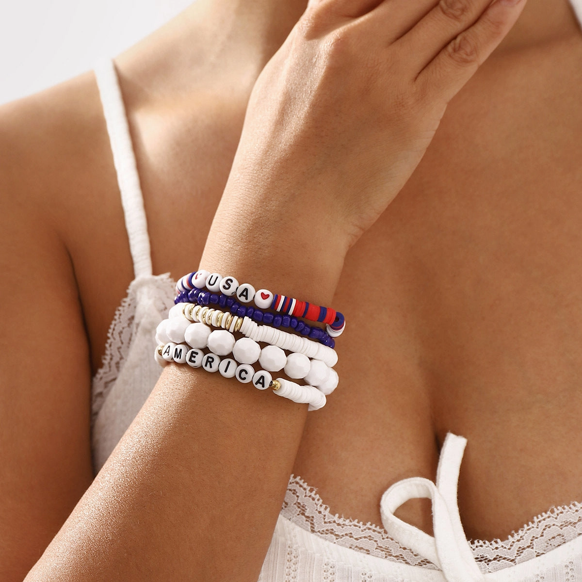Wholesale American Independence Day Acrylic USA Letter Beaded Contrast Color Bracelet