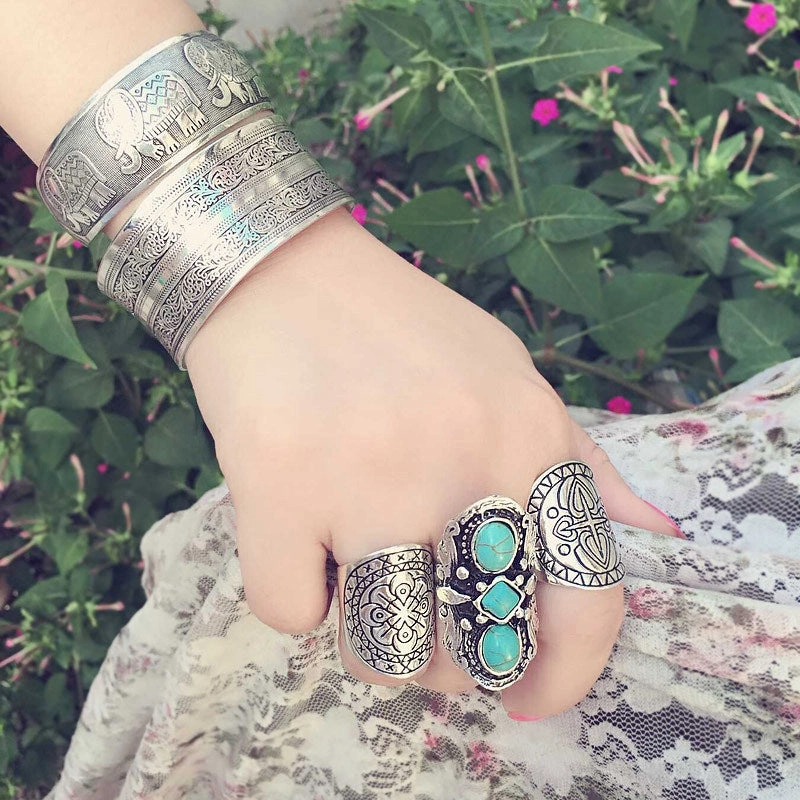 Wholesale Ancient silver open bracelet for women retro Bohemian ethnic style carved pattern elephant wide Bracelet jewelry